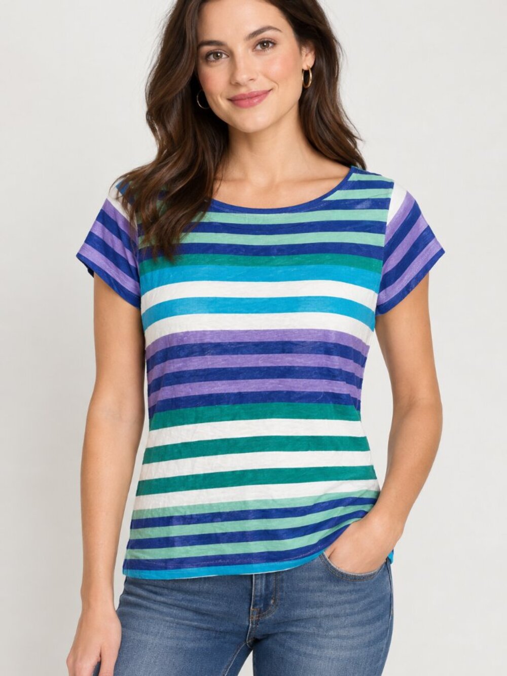 Liz Claiborne Green, Blue, Purple & White Striped Short Sleeve Tee Size XL